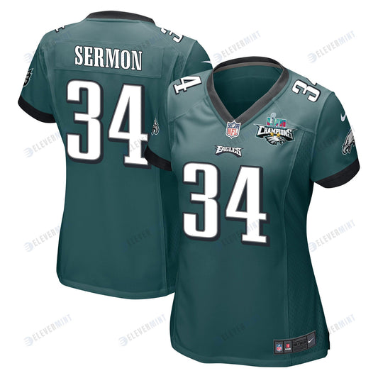 Trey Sermon 34 Philadelphia Eagles Super Bowl LVII Champions 2 Stars Women Game Jersey - Midnight Green